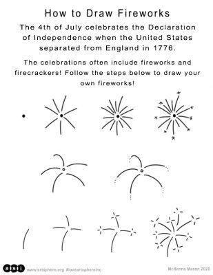 The Fourth of July, also known as Independence Day, celebrates the ratification of the Declaration of Independence, which separated the colonies from England on July 4th, 1776. Get creative and learn how to draw your own firework display! Art Credit: Mckenna Mason July Drawing Ideas, July Art, July 4th Doodles, 4th Of July Drawing Ideas, How To Draw Fireworks Easy, Fourth Of July Drawings, Easy Firework Drawing, Fourth Of July Doodles, 4th Of July Doodles