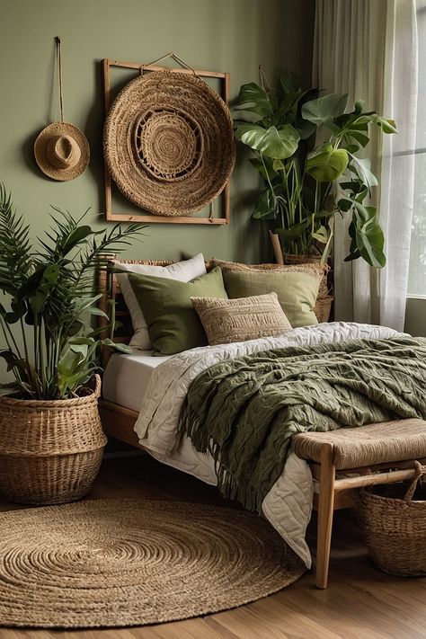 Green And Earthy Bedroom, Earthy Green Interior Design, Sage Green And White Apartment Aesthetic, Light Color Decor, Sage Green Earthy Bedroom, Earthy Bedroom Green Walls, Sage Green Black And White Bedroom, Green And Beige Room, Sage Green And Brown Bedroom