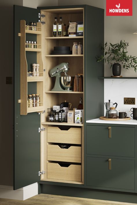 Maximise your kitchen storage ideas with Howdens Hockley Super Matt Fir Green In-Frame Kitchen Larder. Our green kitchen cabinets offer a practical solution for your kitchen storage needs. Discover our range of storage solutions and kitchen storage hacks, to keep your kitchen organised and clutter-free. Pair your green kitchen with brushed brass kitchen hardware and white marble kitchen countertops with matching white marble splashback. For a finishing touch, opt for our beautiful oak flooring. Brushed Brass Kitchen Hardware, Howdens Hockley Super Matt, Howdens Hockley, White Marble Kitchen Countertops, Marble Splashback, Pull Out Kitchen Storage, Brushed Brass Kitchen, Marble Kitchen Countertops, Larder Storage