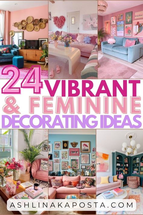 24 Feminine & Vibrant Living Room Styling Ideas that will boost your mood — ASHLINA KAPOSTA Small Whimsical Living Room, Blue And Pink Maximalism, Colorful Eccentric Living Room, Vibrant Feminine Aesthetic, Colorful Girly Living Room, Small Girly Living Room Ideas, Maxamilist Living Room Ideas, Fun Living Room Ideas Eclectic, Colorful Glam Living Room