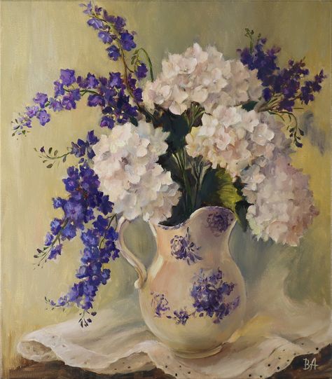 *Title: "Morning" *Painter: Alla Vasylkova. *Size: 15.7"x13.8" (40х35 сm) #Flower oil #painting on #canvas, #Wildflowers painting, #Bluebell flowers painting, Flowers in #vase painting, #Blue and #white #floral #still life White And Blue Vase With Flowers, Painting Ideas On Canvas Still Life, Pot Of Flowers Painting, Painting Of Flowers In Vase, Vase Of Flowers Painting, Bouquet Of Flowers Painting, Flower Vase Painting, Vase Oil Painting, Bluebell Flowers