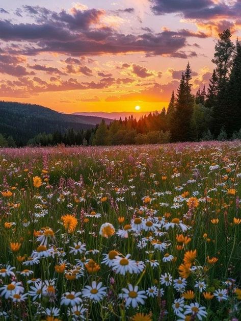 Floral Field Aesthetic, Sunset With Flowers Wallpaper, Spring Aesthetic Sunset, Wild Flower Landscape, Nature Aesthetic Landscape Orientation, Aesthetic Flower Fields, Sunny Place Aesthetic, Wild Flowers Field, Mountain Flower Field