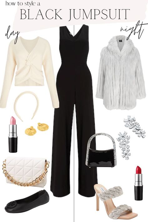 Jumpsuits Outfit Casual, Winter Jumpsuit Outfit Classy Formal, Jumpsuit For Winter Wedding Guest, Black Jumpsuits For Women Classy, Black Jumpsuit Christmas Outfit, From Day To Night Outfit Ideas, Dressing Up Jumpsuit, Strapless Jumpsuit Outfit Dressy, How To Accessorize A Black Jumpsuit For A Wedding