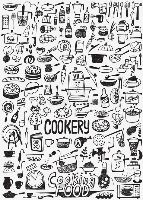 Illustration about Cooking food - set icons in sketch style. Illustration of sweet, dish, vegetables - 78282168 Cooking Doodles Art, Recipe Doodles, Cooking Art Drawing, Food Doodles Easy, Doodle Art Food, Cookery Design, Food Doodle Art, Cooking Doodles, Creativity Pictures