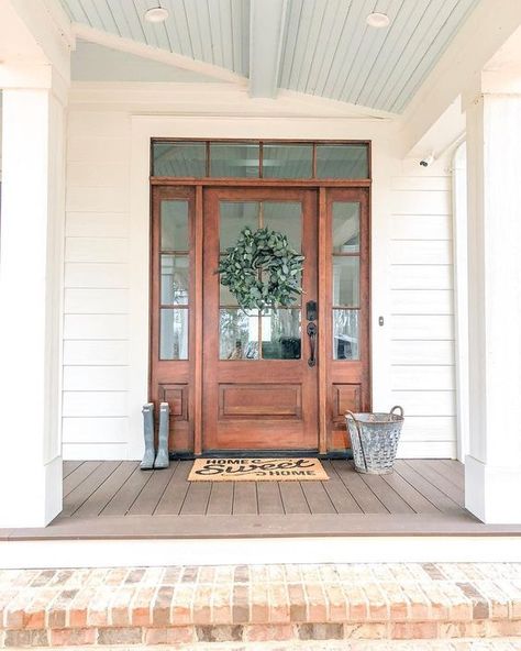 Farmhouse Porches, Exterior Farmhouse, Future Farmhouse, Ceiling Color, Building A Porch, Farmhouse Front Door, Blue Cottage, White Lake, Exterior Front Doors