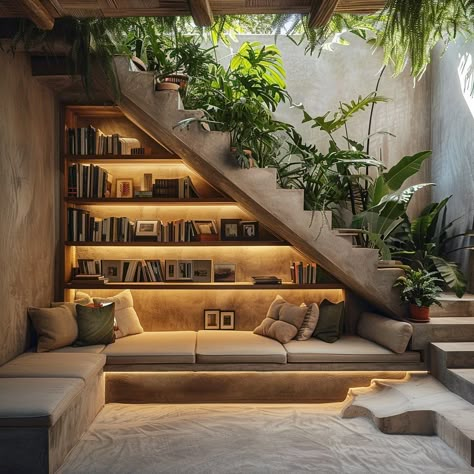 Nature’s Refuge: A Biophilic Reading Nook Under Your Stairs Find solace in a serene escape beneath your staircase. Embrace the calming presence of nature with a biophilic-inspired reading nook. Surround yourself with greenery, natural textures, and gentle lighting for a cozy retreat right at home. Conceptual AI Art Follow @ecosapiens for more! Sottoscala Ideas, تحت الدرج, Interior Design Your Home, Home Library Design, Dream House Interior, Under Stairs, Design Your Dream House, Staircase Design, Stairs Design