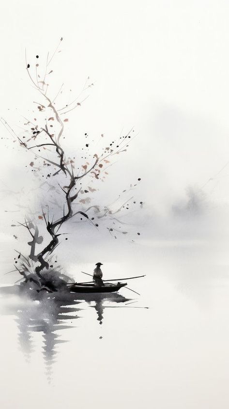 Fog Wallpaper, Fisherman Silhouette, Inspo Sketch, Minimalist Iphone Wallpaper, Chinese Wallpaper, Wallpaper Minimalist, Japan Painting, Chinese Landscape Painting, Japanese Watercolor