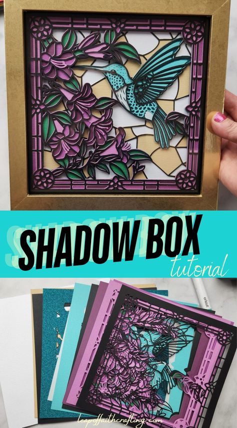 Learn how to make a beautiful 3D faux stained glass shadow box out of cardstock with a Cricut machine. 3d Shadow Box Tutorials, Hummingbird Shadow Box Ideas, Diy Layered Shadow Box Ideas, Cricut Memory Projects, How To Make 3d Shadow Box Cricut, Vinyl Crafts Cricut, Cricut Shadow Box Projects, 3d Paper Shadow Box Templates, Sister Shadow Box Ideas