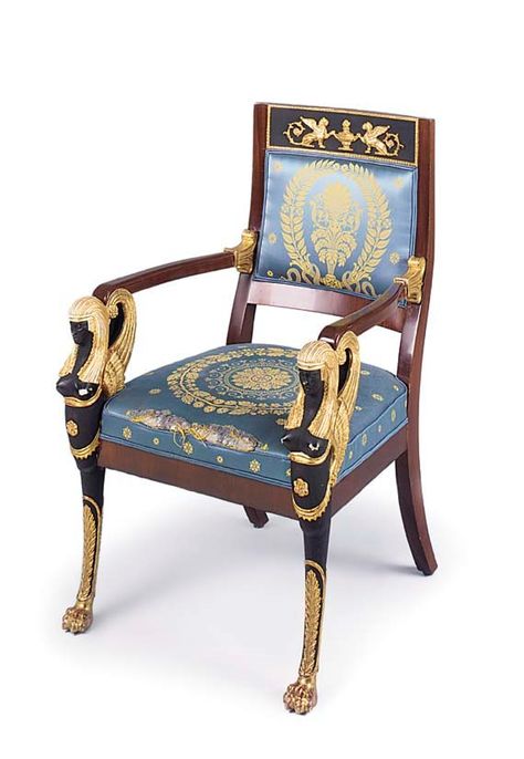 A German mahogany, parcel-gilt and ebonised open armchair | IN THE EMPIRE STYLE, LATE 19TH CENTURY | Christie's Versace Furniture, Empire Furniture, Furniture Ads, Gothic Furniture, Antique Chairs, Empire Style, Beautiful Interior Design, French Furniture, Take A Seat