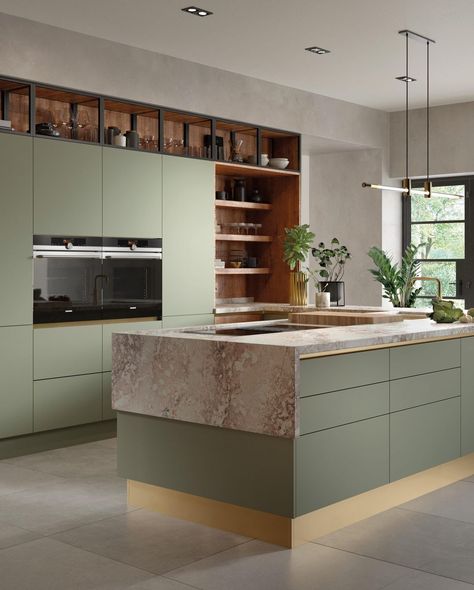 Kitchen island ideas - mint green island Green Kitchens, Sage Kitchen, Sage Green Kitchen, Handleless Kitchen, London Kitchen, Modern Kitchen Island, Life Kitchen, Kitchen Island With Seating, Big Kitchen