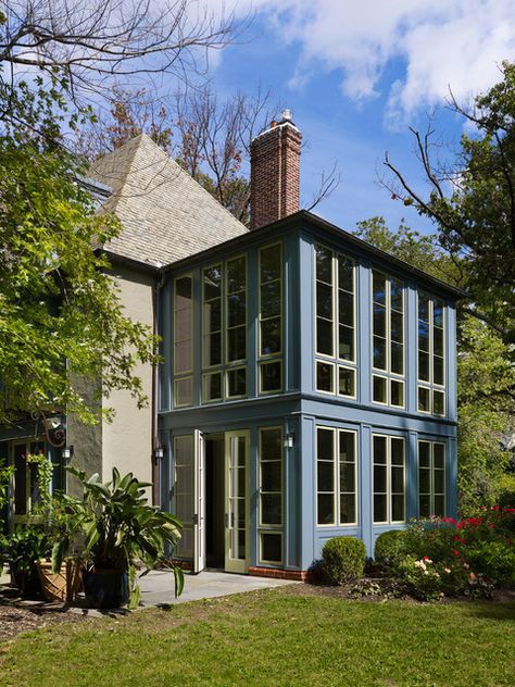 Sunroom Exterior - Traditional - Sunroom - Philadelphia - by Krieger + Associates Architects, Inc. | Houzz Two Story Greenhouse Addition, Two Story Solarium, Exterior Addition Ideas, Two Story Conservatory, Two Story Sunroom Addition, Sunroom Addition Exterior, Two Story Addition Back Of House, Second Story Sunroom, Upstairs Sunroom