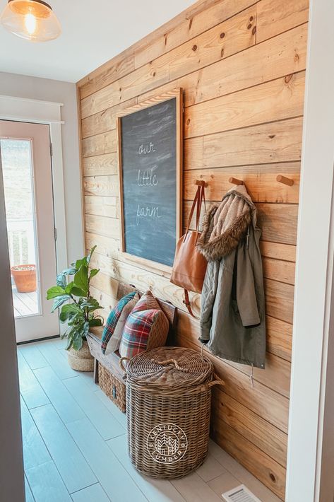 Interior Cedar Walls, Natural Wood Walls Living Room, Pickled Pine Walls, Kentucky Decor Home Ideas, Vertical Pine Board Walls, Cedar Mudroom, Cedar Interior Walls, Exterior Mudroom, Pine Accent Wall