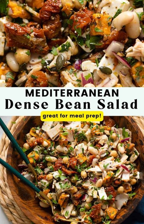 Protein packed and fiber rich - this Mediterranean Dense Beans Salad is a simple and delicious way to fill up your plate with nutrient dense ingredients! Satisfy your tastebuds and satiate your appetite in equal measure. High Fiber Mediterranean Diet, Protein Dense Dinner, Dense Bean Salad Mediterranean, Best Protein Salad Recipes, Feta Bean Salad, Winter Dense Bean Salad, Cheap Nutrient Dense Meals, Nutrient Packed Meals, Easy Dense Bean Salad