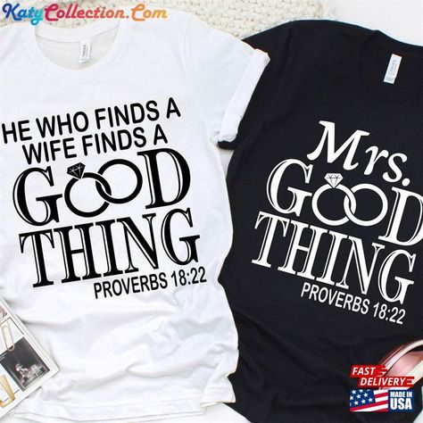 He Who Finds A Wife Good Thing T-Shirt Husband And Shirt Matching Newly Wedding Classic Check more at https://katycollection.com/product/he-who-finds-a-wife-good-thing-t-shirt-husband-and-shirt-matching-newly-wedding-classic/ Vow Renewal Shirt Ideas, Husband And Wife Shirts Matching, His And Hers Tshirt Ideas, He Who Finds A Wife Finds A Good Thing, Black Couples Outfits, Black Couple Outfits, He Who Finds A Wife, Husband And Wife Shirts, Being Christian