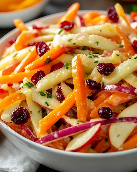 Refreshing Apple Cranberry Carrot Salad Crunchy Apple Carrot Cranberry Salad, Carrot Apple Salad Recipes, Healthy Carrot Salad Recipes, Creamy Apple Salad, Apple And Carrot Salad, Cooked Vegetable Salad, Fruit And Vegetable Salad Recipes, Carrot Salad Recipes Healthy, Carrot Cabbage Salad Recipes