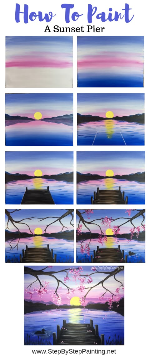 Paint A Sunset, Paint Night Ideas, Sunset Lake, Lake Painting, Paint Nite, Canvas Painting Tutorials, Easy Canvas Painting, Canvas Painting Diy, Simple Acrylic Paintings