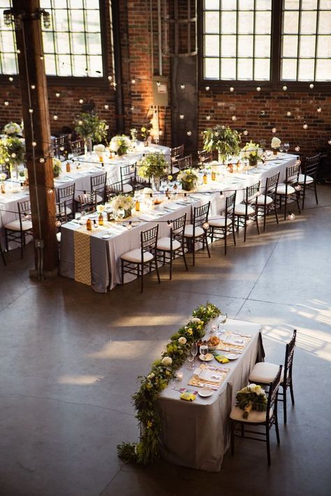 Modern warehouse wedding | Event Design + Planning by Lustre Events  |  Photos by Root Photography  |  Flowers by Botany Floral Studio Industrial Wedding Ceremony, Industrial Chic Wedding, Rustic Wedding Decorations, Brewery Wedding, Warehouse Wedding, Wedding Event Design, Mod Wedding, Wedding Table Settings, Wedding Ceremony Decorations