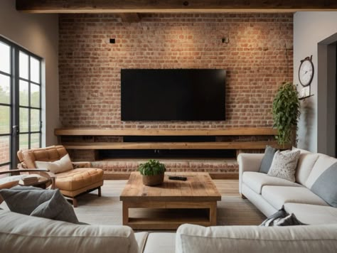 17 Brick TV Wall Design Ideas for 2024 - TrendingBuzzX Bricks Tv Wall Living Rooms, Brick Wall With Tv, Tv Wall Brick, Brick Living Room Ideas, Tv Wall Ideas Diy, Brick Fireplace With Tv Above, Tv Stone Wall, Brick Tv Wall Ideas, Brick Feature Wall Living Room