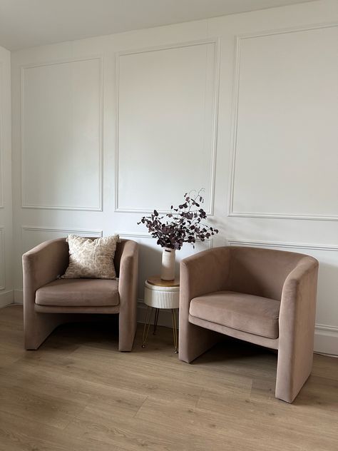 Double Accent Chairs Living Room, Two Accent Chairs In Living Room, Pottery Barn Chair, Taupe Chair, Mcgee And Co, Velvet Accent Chair, Grey Flooring, Oval Table Dining, Barrel Chair