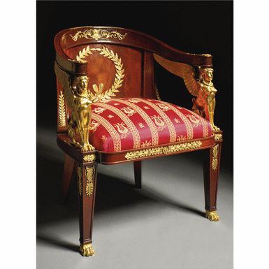 an empire style gilt-bronze mounted mahogany fauteuil in the manner of george-Alphonse jacob-demalter<br>paris, circa 1880 | lot | Sotheby's Empire Style Furniture, Empire Chair, French Empire Furniture, Furniture Sculpture, Empire Furniture, Antique French Furniture, Shabby Chic Dresser, French Empire, Distressed Furniture