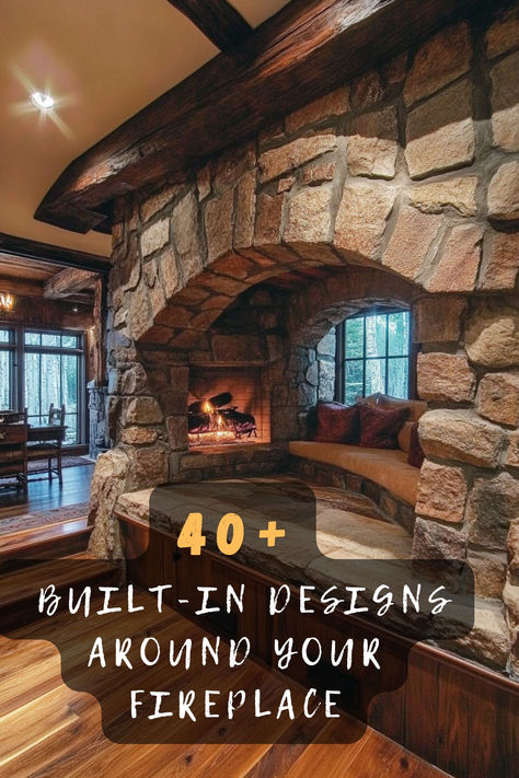 Make your fireplace the heart of your home with 40 cozy built-in ideas. 🌿🔥 These inviting designs feature warm wood finishes, integrated shelving, and personalized touches that create a welcoming environment. Interested in cozy built-in inspiration? Click to see all the inviting ideas! #CozyBuiltIns #FireplaceMakeover #WarmFinishes #IntegratedShelving #PersonalizedTouches Pellet Stove With Built Ins, Fireplace With 9 Ft Ceilings, Fireplace In Staircase, Fireplace Location Ideas, Walk In Fireplace Hearth, Country Fireplace Ideas Stone, Double Sided Stone Fireplace, Brick Fireplace With Stone Hearth, Log Cabin Fireplace Ideas