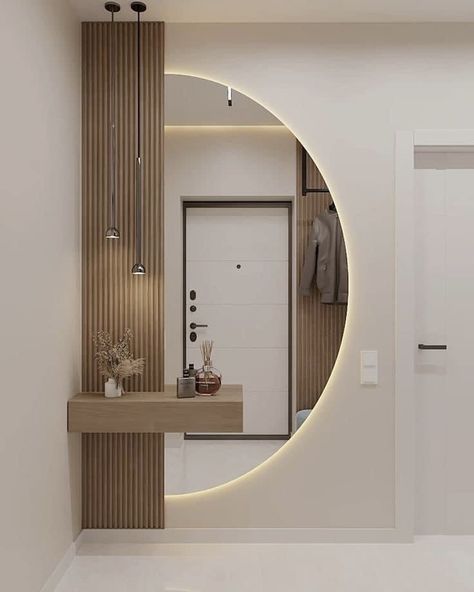 Entrance Hall Ideas Mirror, Modern House Interior Entrance, Hall Entrance Design Interiors, Furniture For Entrance Hall, Outside Home Decor Front Entrance, Home Entrance Mirror, House Entrance Wall Design, Mirrors In Hallway, Modern House Entrance Interior