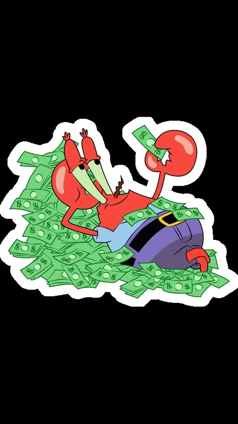 Everyone knows that Eugene Harold Krabs loves money, so I'm not surprised that we found him lying in a pile of green dollars. The cartoon SpongeBob sticker with Mr. Krabs who Lies in Money!. Give Me Money Funny, Mr Krabs Aesthetic, Get Your Money Up Not Your Funny Up, Mr Krabs Wallpaper, I Love Money Wallpaper, Cartoons With Money, Cartoon Character Stickers, Mr Krabs Money Wallpaper, Money Cartoon Wallpaper