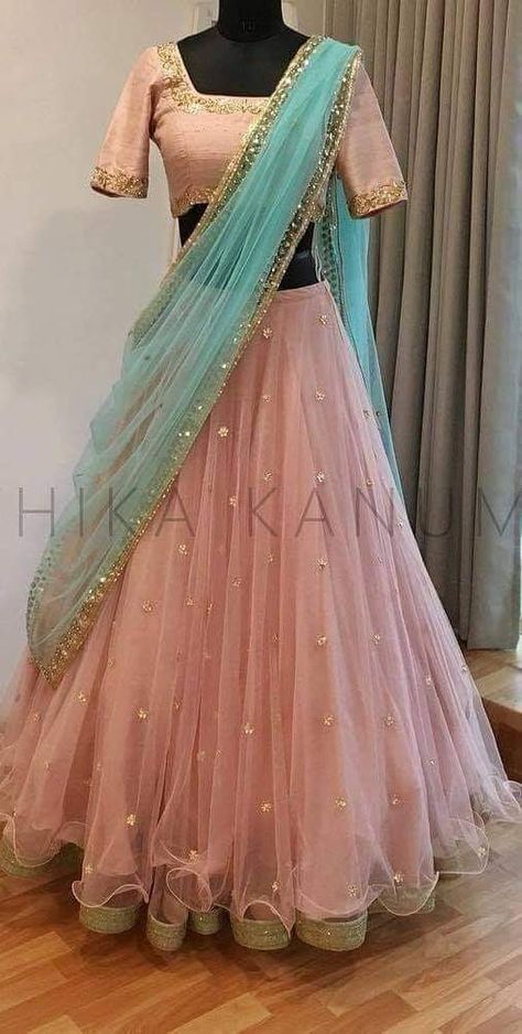 Netted Half Sarees, Peach Lehnga With Contrast Blouse, Light Pink Half Sarees, Half Saree Lehenga Netted, Pink Lehenga Contrast Blouse, Half Saree Stitching Ideas, Peach Lehangas, Netted Lehanga Designs, Neted Lehanga Designs Latest For Women