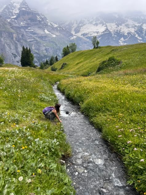 The Alps Switzerland, Mountains In Switzerland, Swiss Alps Spring, Swiss Hiking Outfit, Italian Alps Aesthetic, Hiking In The Alps, Swiss Alps Aesthetic Summer, The Swiss Alps, Backpacking Across Europe Aesthetic