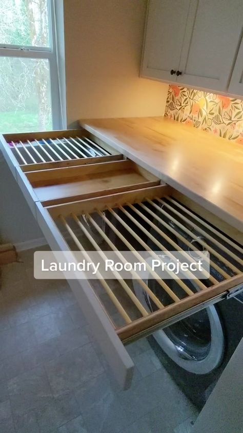 Laundry Room With Pull Out Drying Rack, Build In Drying Rack Laundry, Drying Racks Laundry Room, Small Utility Drying Ideas, Laundry Closet Drying Rack Ideas, Innovative Laundry Room Ideas, Laundry Room Dryer Rack, Laundry Room Pull Out Drying Racks, Laundry Room Built In Drying Rack