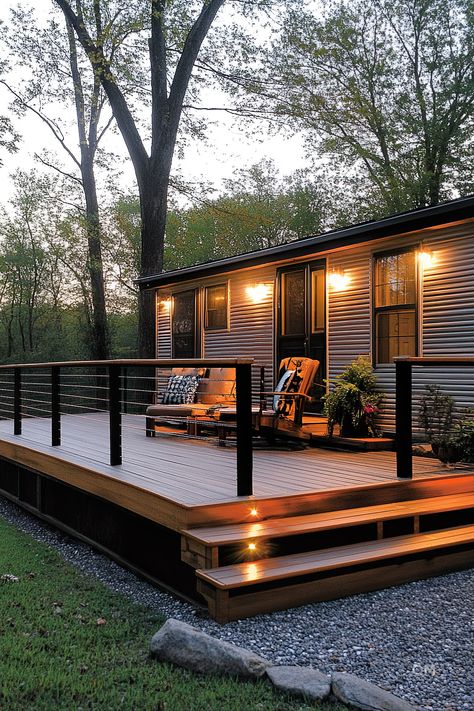 Beautifully illuminated mobile home deck with comfortable seating and wood railing, providing cozy outdoor deck decor ideas for mobile home living. Tiny House Porch Decks, Mobile Home Decks And Porches Single Wide, Decks And Porches For Mobile Homes, Mobile Home Back Porch, Trailer House Porch Ideas, Mobile Home Back Porch Ideas, Mobile Home Patio Ideas, Modular Home Porch Ideas, Mobile Home Porch Ideas