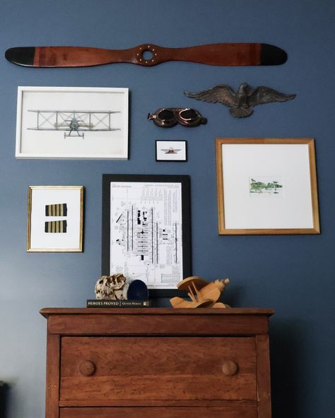 This aviation-themed gallery wall in my son’s room features vintage pieces handed down from his grandfather and new additions like this amazing framed Atlanta airport diagram custom-made by @canvaspop (gifted). Ordering was a breeze and I’m thrilled with how it turned out ✈️ #aviationdecor #gallerywall #canvaspop #boysroom Vintage Planes Nursery, Aviation Nursery Boy, Vintage Travel Nursery, Vintage Plane Nursery, Aviation Bedroom, Airport Diagram, Airplane Bedroom, Airplane Boys Room, Aviation Room