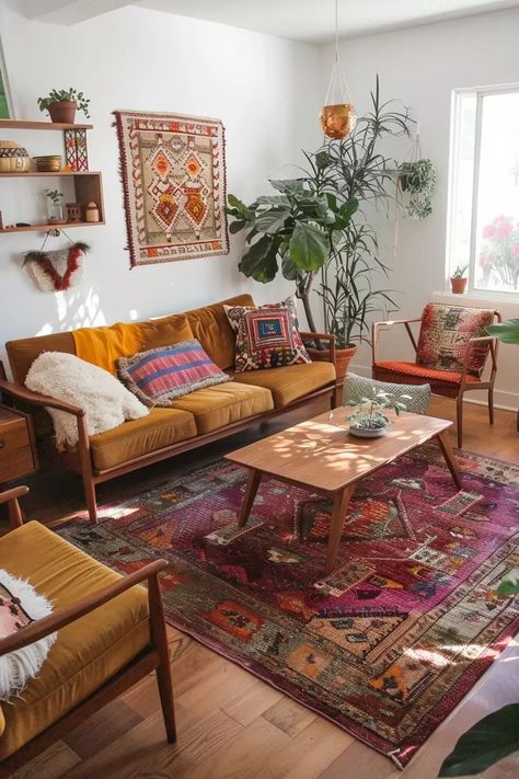 26 Retro Style Living Room Ideas: Embrace Nostalgia and Modern Design - Tips and Inspiration - placeideal.com Boho Living Room Carpet, Colourful Boho Living Room, Retro Style Living Room, Living Room Design Boho, Bohemian Rug Living Room, Boho Rugs, Retro Living Rooms, Bohemian Living Room, Living Room Green