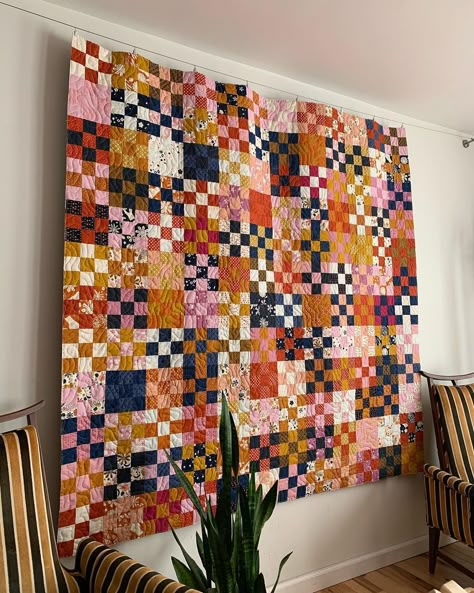 How cute is this scrappy nine patch quilt by Candace?! I am in love and already pulled some fabric for a copy cat! Maker: @aandcowi… | Instagram Hanging Quilts On Wall Ideas, 16 Patch Quilt, Nine Patch Quilts, Charm Square Quilt, 9 Patch Quilt, Nine Patch Quilt, Homemade Quilts, Wedding Quilt, Quilting Room