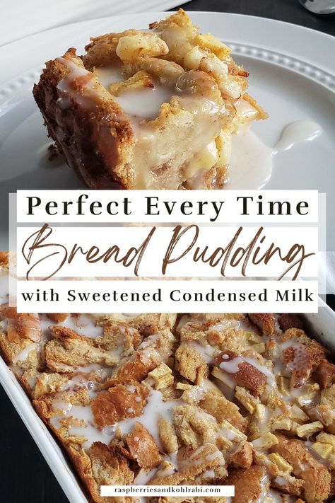 Bread Pudding with Sweetened Condensed Milk is a decadent dessert that elevates the classic bread pudding to a whole new level of indulgence. Moist bread cubes are soaked in a rich custard made with sweetened condensed milk, resulting in a velvety, caramel-like sweetness that perfectly complements the soft, baked texture of the pudding, making it a heavenly treat for dessert lovers. Amish Custard With Condensed Milk, Butterscotch Bread Pudding Recipes, Bread Puddings Recipe, Bread Made With Condensed Milk, Salted Caramel Bread Pudding, Birthday Cake Bread Pudding, Bread Pudding With French Bread, Recipes With Carnation Evaporated Milk, Kings Hawaiian Rolls Bread Pudding