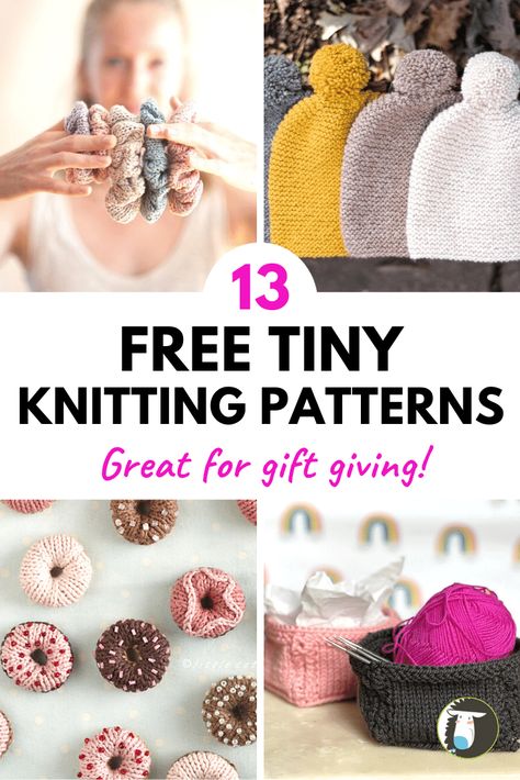 13 FREE Small Knitting Projects that Make Great Gifts! Quick and easy tiny knitting patterns include a bandana, hat, small basket, mini donuts, tiny purse keychain, hair scrunchies, bracelet, dog sweater, baby booties, rings, socks, and coin purse! Fun Easy Knitting Projects, Knit Ideas Creative, Free Cute Knitting Patterns, Knitting Crafts For Beginners, Free Small Knitting Patterns, Knits To Sell, Quick Beginner Knitting Projects, Cute Small Knitting Projects, Best Knit Gifts