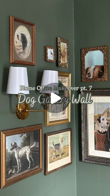 Emma Shay | interior decorator + homebody 🏡 on Instagram: "Dog lovers, you’ll adore this gallery wall 🐶🐾🐶  I’ve been collecting dog art for years from thrift stores, antique stores, art fairs, Etsy, the public domain, artists who created art of my dogs, estate sales… basically anywhere I could find it. I’m drawn to it.  Some dog art is scattered throughout my house, but I knew these pieces would work in a gallery wall together, and I’m excited to finally get it up (and the frames off of my floor, that’s the real celebration here). I went for an eclectic, collected, hardly even or symmetrical look so I can easily add more art if I would like to. Which is highly likely." Dog Collage Wall, Antique Gallery Wall Ideas, Dog Gallery Wall, Dog Photo Wall, Antique Gallery Wall, Salon Bathroom, Plaid Room, Picture Gallery Wall, Instagram Dog