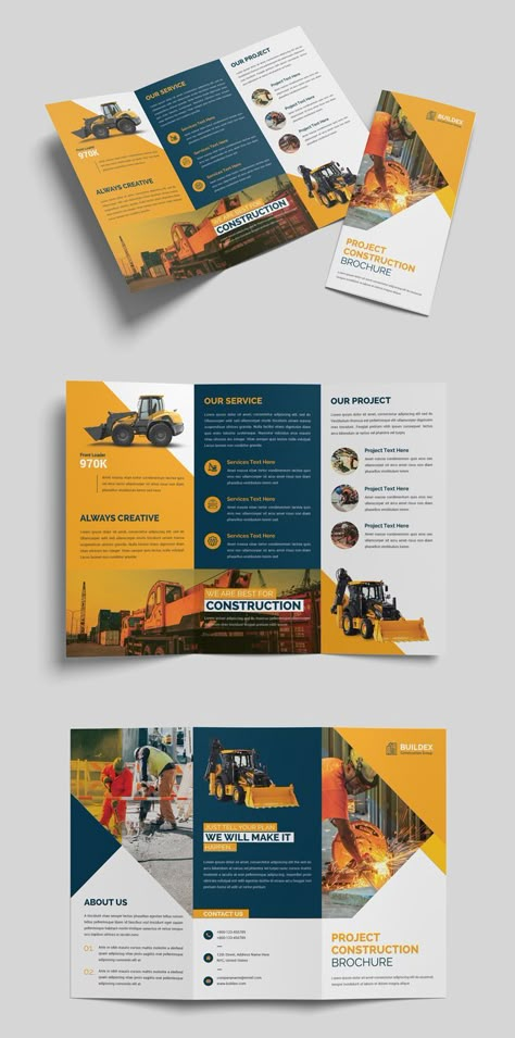 This Construction Trifold Brochure Template is for your business purpose or other sectors. All elements are well organized, so you can easily import your information. 6 Page Brochure Design, Best Trifold Brochure Design, Trifold Design Inspiration, Sophisticated Brochure Design, Business Brochure Design Templates, Business Trifold Brochure, Brochures Design Ideas, Trifold Brochure Design Layout Creative, Broshour Design