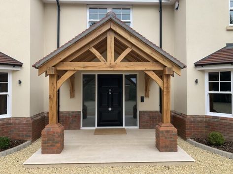 Front Porch Canopy Ideas, Timber Porch, Lantern Roof Light, Oak Porch, Rendered Houses, Timber Frame Porch, Sas Entree, Front Door Canopy, House Front Porch