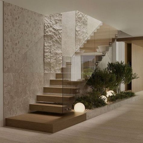 Floating Wood Staircase, Contrast Staircase, Staircase Design Wall, Villa Stairs Design, Stair Case Ideas, Staircase Wall Design Modern, Wedding Hall Design, Interior Design Stairs, Minimalist Stairs