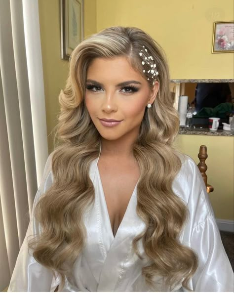 Wedding Hair Styles With Pearls, Bride Hairstyles With Volume, Wedding Hairstyles For Long Hair Pearls, Glam Bride Hairstyles, Glam Hairstyles For Long Hair Wedding, Tucked Bridal Hair, Slick Side Part Hair Down Curly, Bridal Blonde Hair Down, Wedding Makeup Inspo Blue Eyes