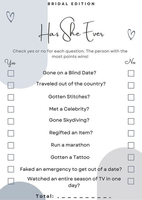 Has She Ever Bridal Shower Game Printable Bridal Shower Game Ideas, Check Yes Or No, Bridal Shower Games Printable, Wedding Shower Games, Bachelorette Games, Boho Blue, Games Printable, Bachelorette Party Games, Bridal Shower Game