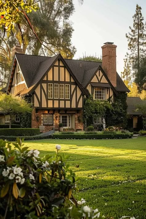 Tudor Styled Home Tudor Style Homes Exterior Color Schemes, Tudor Revival House Exterior, Small Tudor Style Homes, Tudor Style Cottage, Cottagecore Houses, Home Exterior Colors Schemes, Dark Cottagecore House, Tudor House Exterior, English Tudor Homes