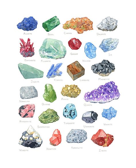 I really like this! Crystal Poster, Gemstone Painting, Geology Art, Minerals Print, Crystals Watercolors, Minerals Art, Watercolor Alphabet, Alphabet Art Print, Crystal Drawing