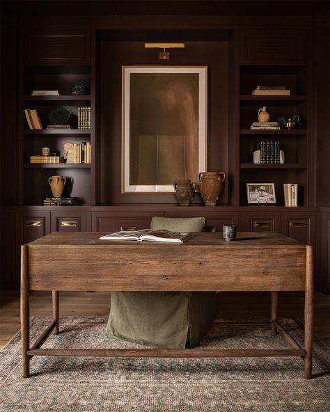 dark-and-moody-home-office-2 Parlor Office Room Ideas, Home Office Dark Wood Bookshelves, Built In Shelves Office Decor, Office Brown Aesthetic, Brown Shelves Living Room, Dark Brown Office Desk, Wood Built Ins Office, Craftsman Style Home Office, Taupe Office Built Ins