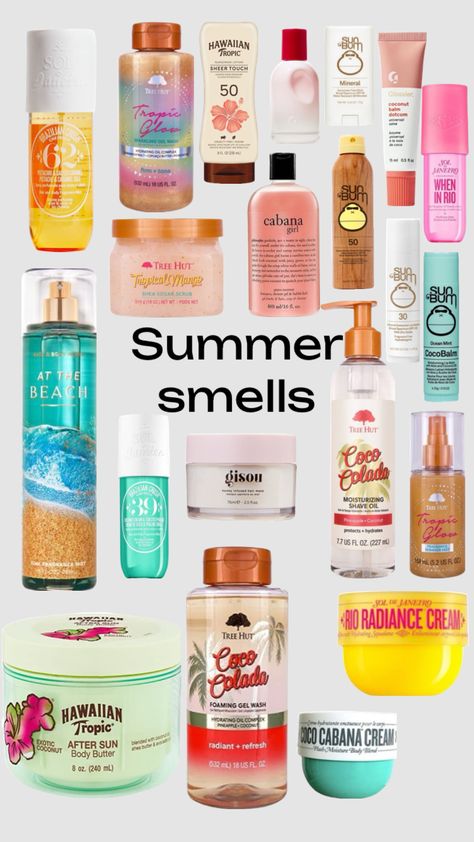 Summer smells! #summer Summer Shower Products, How To Smell Like Tropical, Summer Scents Perfume, Summer Scent Combos, How To Smell Like The Beach, Summer Needs Products, How To Smell Like Summer, Summer Fragrance For Women, Summer Hygiene