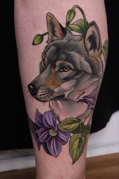 Blue Wolf Tattoo, Wolf Neo Traditional Tattoo, Neotraditional Animal Tattoos, Wolf Tattoo Color, Neotraditional Animal Tattoo, Neo Trad Wolf, Neotrad Wolf, Neotrad Sleeve, Neotraditional Wolf Tattoo