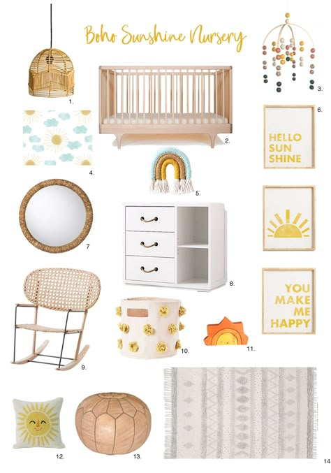 Boho Sunshine Nursery Design Inspiration - Zega Studio - Medium Boho Sunshine Bedroom, Yellow Boho Nursery, Sunshine Nursery Decor, Sunshine Room Decor, Sunshine Theme Nursery, Sunshine Nursery Theme Gender Neutral, Boho Sunshine Nursery, Sun Themed Nursery, Nursery Ideas Yellow