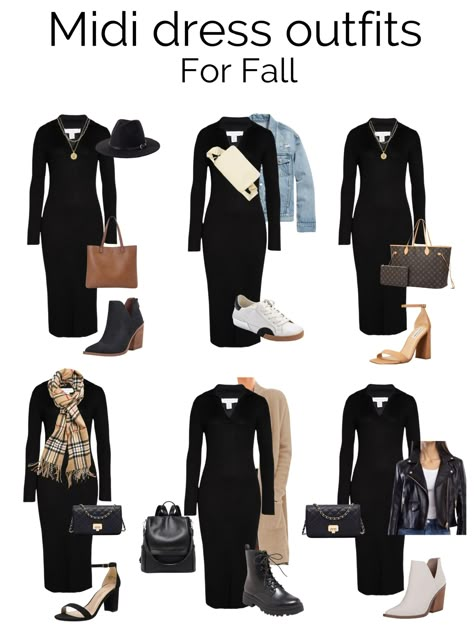 Bodycon Knit Dress Outfit, Long Black Long Sleeve Dress Outfit, Long Ribbed Dress Outfit Winter, Knitted Dress Outfit Autumn, Long Maxi Dress Winter Outfit, Long Black Fitted Dress Outfit, Black Rib Dress Outfits, Black Dress Bodycon Outfits, Long Sleeve Black Midi Dress Outfit