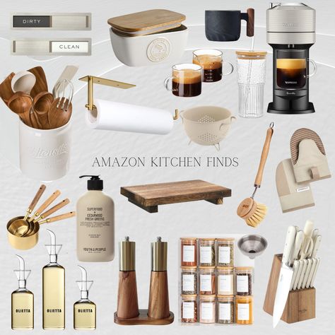 Amazon Kitchen Aesthetic, Aesthetic Kitchen Must Haves, Amazon Finds House Decor, Organic Modern Apartment Kitchen, Kitchen Decorating Ideas Black And White, Amazon Home Inspiration, Japandi Amazon Finds, Kitchen Cookware Aesthetic, Apartment Needs Amazon